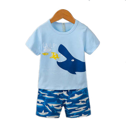 Blue Shark Print Half Sleeve T-shirt and Shorts Summer Clothing Set for Infant Toddler Kids