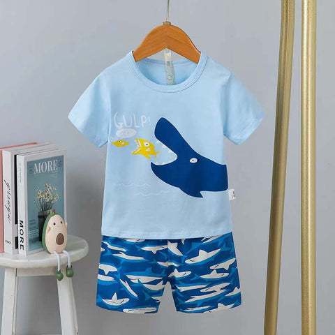Blue Shark Print Half Sleeve T-shirt and Shorts Summer Clothing Set for Infant Toddler Kids