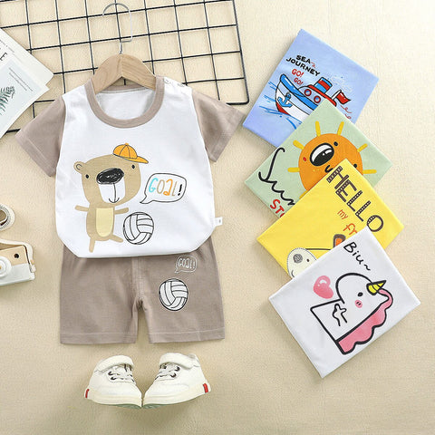 Cute Bear Football Cartoon Print Cool T-shirt and Shorts Summer Clothing Set for Infant Toddler Kids