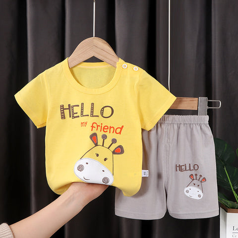 Yellow Giraffe Print Cool T-shirt and Shorts Summer Clothing Set for Infant Toddler Kids