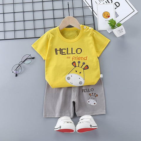 Yellow Giraffe Print Cool T-shirt and Shorts Summer Clothing Set for Infant Toddler Kids