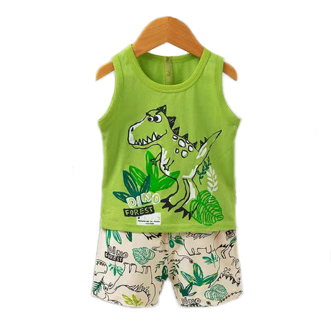 Lime Green Dinosaur Cartoon Print Kid's Sleeveless T-shirt Shorts Set for Baby Boys & Girls