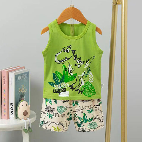 Lime Green Dinosaur Cartoon Print Kid's Sleeveless T-shirt Shorts Set for Baby Boys & Girls