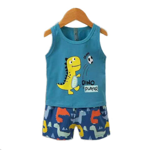 Blue Dinosaur Football Player Print Kid's Sleeveless Vest T-shirt Shorts Set for Baby Boys & Girls