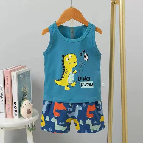Blue Dinosaur Football Player Print Kid's Sleeveless Vest T-shirt Shorts Set for Baby Boys & Girls