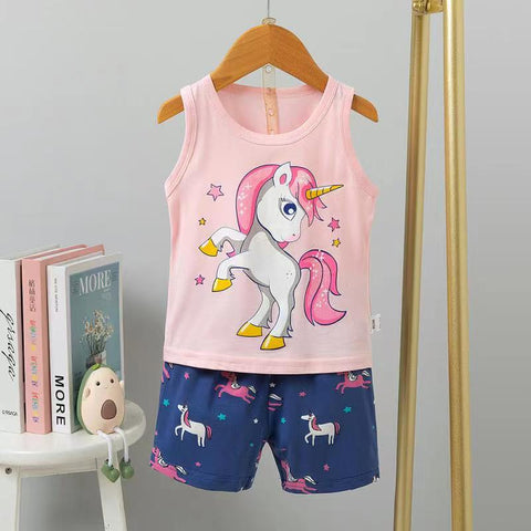 Unicorn Cartoon Print Sleeveless Tank Top T-shirt & Shorts Set for Baby Boys & Girls