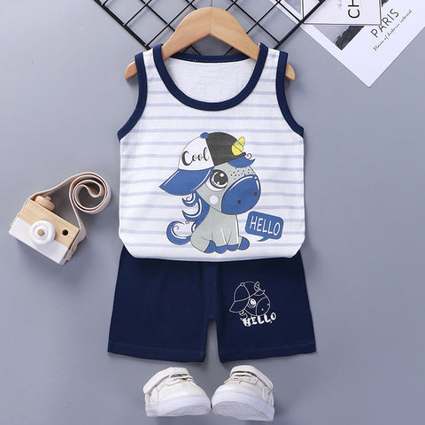 Cool Little Pony Horse Cartoon Kid's Sleeveless T-shirt Shorts Set for Baby Boys & Girls