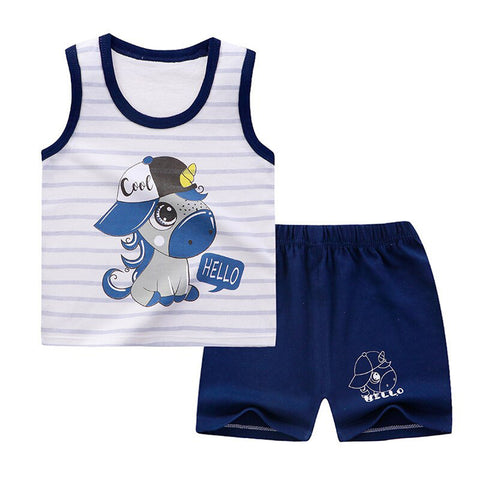 Cool Little Pony Horse Cartoon Kid's Sleeveless T-shirt Shorts Set for Baby Boys & Girls