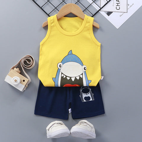 Shark Print Kid's Sleeveless T-shirt Shorts Set for Baby Boys & Girls