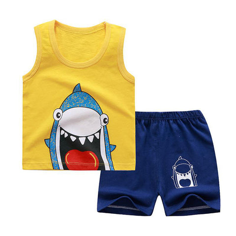 Shark Print Kid's Sleeveless T-shirt Shorts Set for Baby Boys & Girls