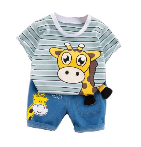 3D Cute Giraffe Cartoon Print Half Sleeve Stripe T-shirt with Denim Shorts Knicker Summer Clothes for Infant Toddler Kids