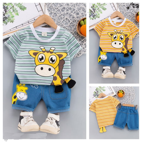 3D Cute Giraffe Cartoon Print Half Sleeve Stripe T-shirt with Denim Shorts Knicker Summer Clothes for Infant Toddler Kids