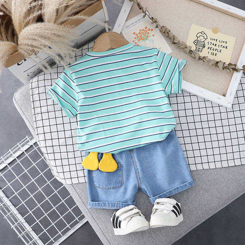 3D Cute Giraffe Cartoon Print Half Sleeve Stripe T-shirt with Denim Shorts Knicker Summer Clothes for Infant Toddler Kids