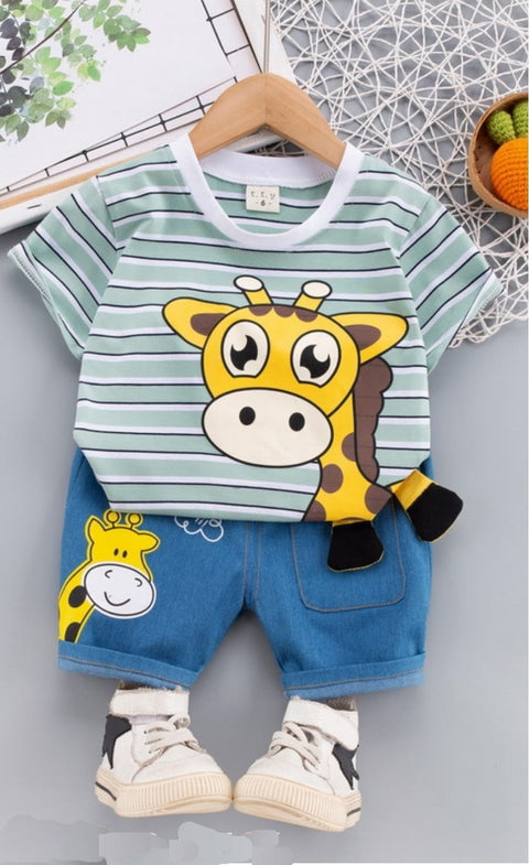 3D Cute Giraffe Cartoon Print Half Sleeve Stripe T-shirt with Denim Shorts Knicker Summer Clothes for Infant Toddler Kids