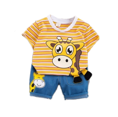 3D Cute Giraffe Cartoon Print Half Sleeve Stripe T-shirt with Denim Shorts Knicker Summer Clothes for Infant Toddler Kids
