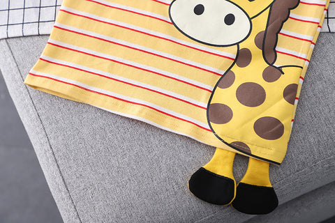 3D Cute Giraffe Cartoon Print Half Sleeve Stripe T-shirt with Denim Shorts Knicker Summer Clothes for Infant Toddler Kids