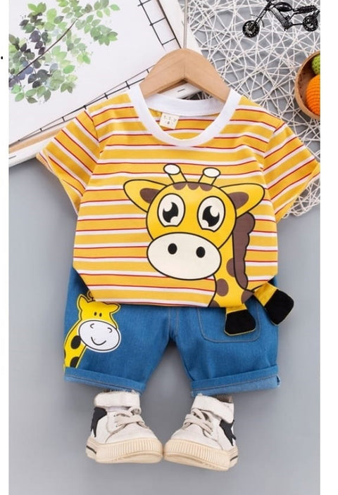 3D Cute Giraffe Cartoon Print Half Sleeve Stripe T-shirt with Denim Shorts Knicker Summer Clothes for Infant Toddler Kids
