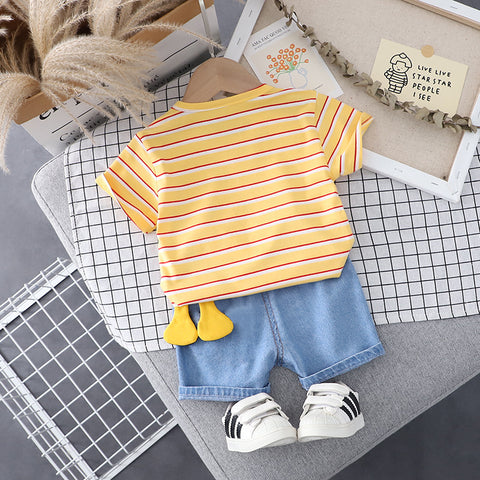 3D Cute Giraffe Cartoon Print Half Sleeve Stripe T-shirt with Denim Shorts Knicker Summer Clothes for Infant Toddler Kids