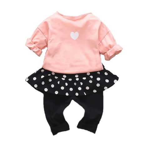 Girls Polka Dot Heart Print Flared Top and (Skegging) Legging with Attached Skirt Clothing Set for Baby Girls