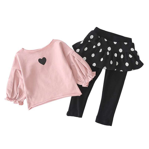 Girls Polka Dot Heart Print Flared Top and (Skegging) Legging with Attached Skirt Clothing Set for Baby Girls