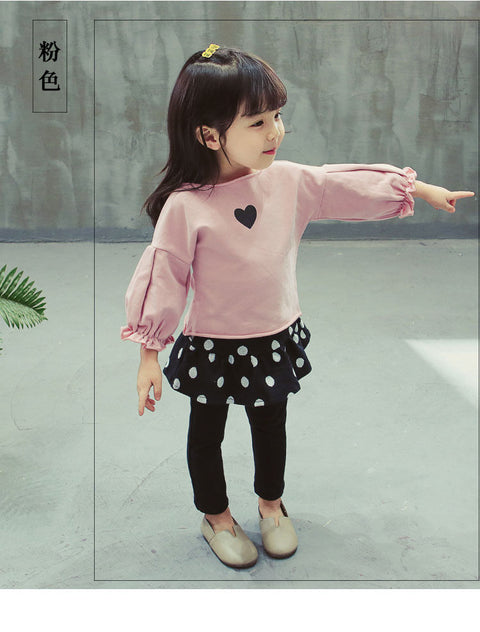 Girls Polka Dot Heart Print Flared Top and (Skegging) Legging with Attached Skirt Clothing Set for Baby Girls