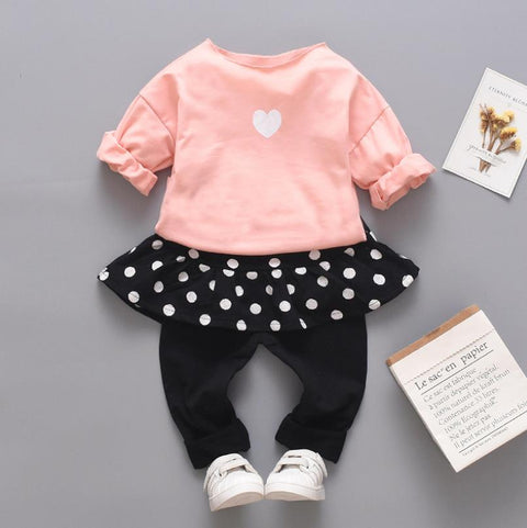 Girls Polka Dot Heart Print Flared Top and (Skegging) Legging with Attached Skirt Clothing Set for Baby Girls