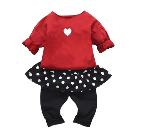 Girls Polka Dot Heart Print Flared Top and (Skegging) Legging with Attached Skirt Clothing Set for Baby Girls