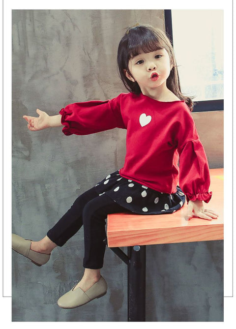 Girls Polka Dot Heart Print Flared Top and (Skegging) Legging with Attached Skirt Clothing Set for Baby Girls