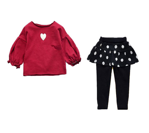 Girls Polka Dot Heart Print Flared Top and (Skegging) Legging with Attached Skirt Clothing Set for Baby Girls