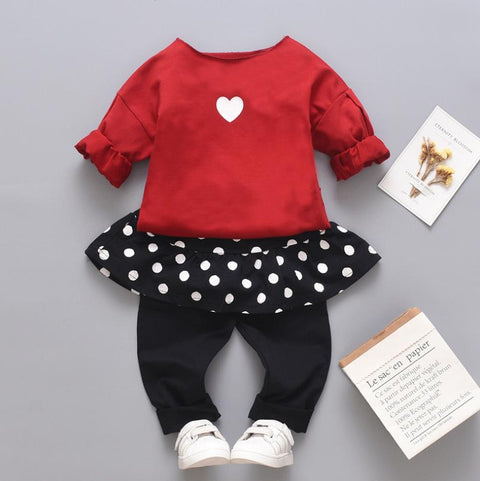 Girls Polka Dot Heart Print Flared Top and (Skegging) Legging with Attached Skirt Clothing Set for Baby Girls