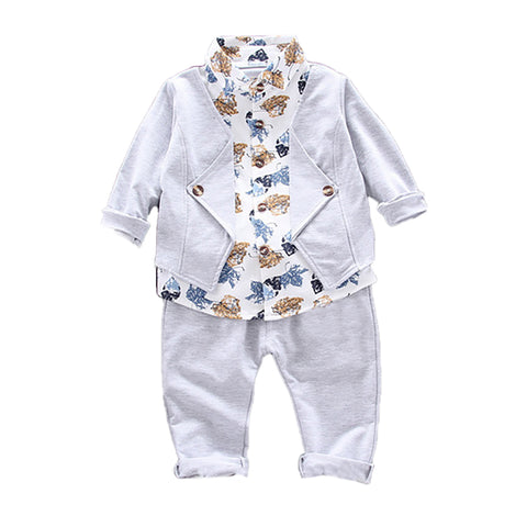 Kids Floral Print Boys Blazer Jacket attached Shirt and Pant Party Clothing Set for Boys Grey