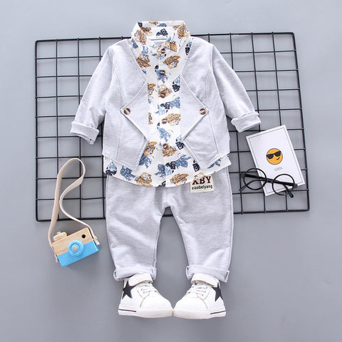 Kids Floral Print Boys Blazer Jacket attached Shirt and Pant Party Clothing Set for Boys Grey