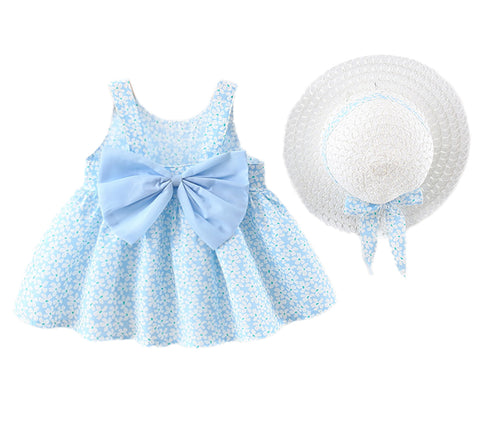 Girls Summer Sleeveless Cotton Floral Print Dress Frock with Hat