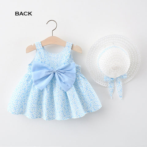 Girls Summer Sleeveless Cotton Floral Print Dress Frock with Hat