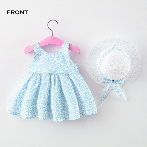 Girls Summer Sleeveless Cotton Floral Print Dress Frock with Hat