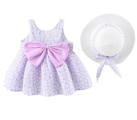 Girls Summer Sleeveless Cotton Floral Print Dress Frock with Hat