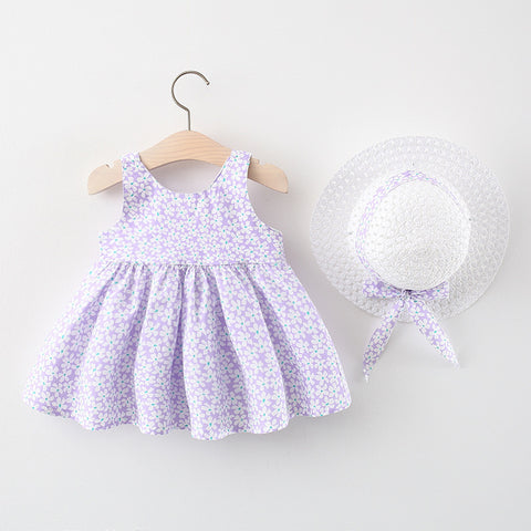 Girls Summer Sleeveless Cotton Floral Print Dress Frock with Hat