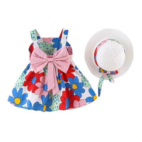 Sleeveless Floral Print Big Bow Dress Frock with Hat for Infant Toddler Baby Girls