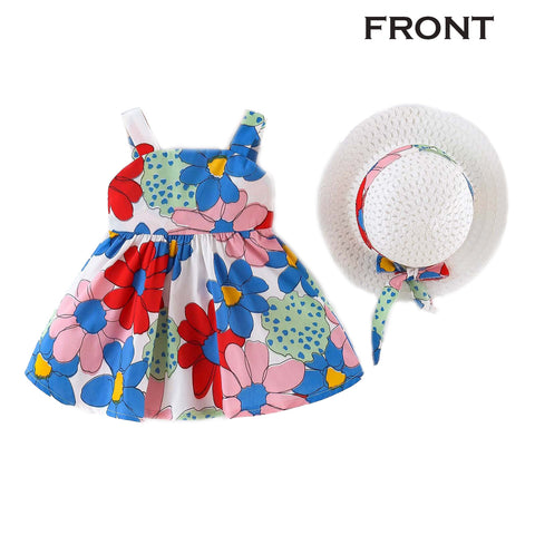 Sleeveless Floral Print Big Bow Dress Frock with Hat for Infant Toddler Baby Girls