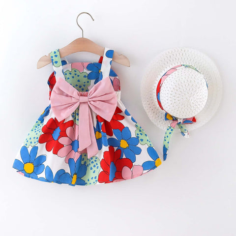 Sleeveless Floral Print Big Bow Dress Frock with Hat for Infant Toddler Baby Girls