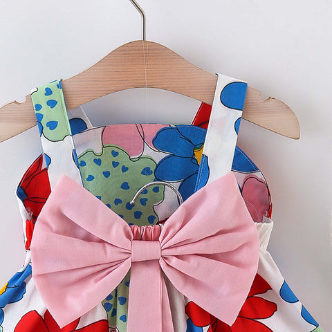 Sleeveless Floral Print Big Bow Dress Frock with Hat for Infant Toddler Baby Girls