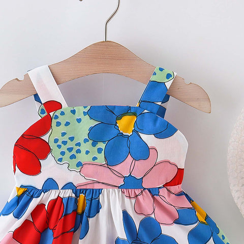 Sleeveless Floral Print Big Bow Dress Frock with Hat for Infant Toddler Baby Girls
