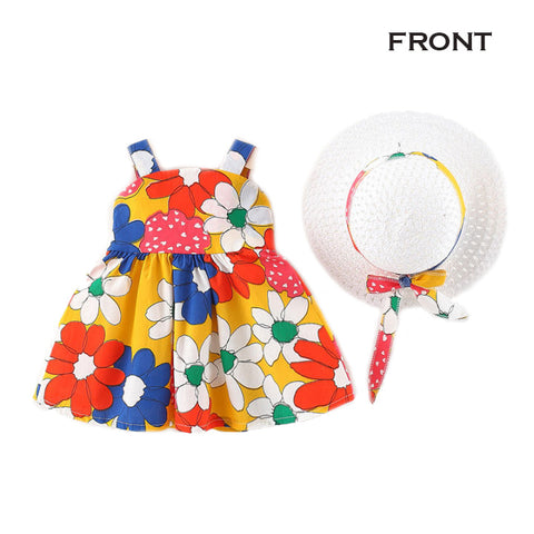 Sleeveless Floral Print Big Bow Dress Frock with Hat for Infant Toddler Baby Girls