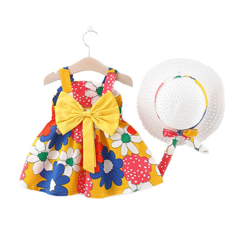 Sleeveless Floral Print Big Bow Dress Frock with Hat for Infant Toddler Baby Girls