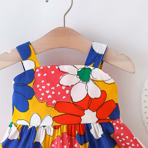 Sleeveless Floral Print Big Bow Dress Frock with Hat for Infant Toddler Baby Girls