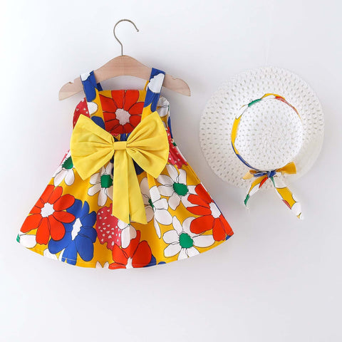 Sleeveless Floral Print Big Bow Dress Frock with Hat for Infant Toddler Baby Girls