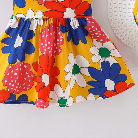 Sleeveless Floral Print Big Bow Dress Frock with Hat for Infant Toddler Baby Girls