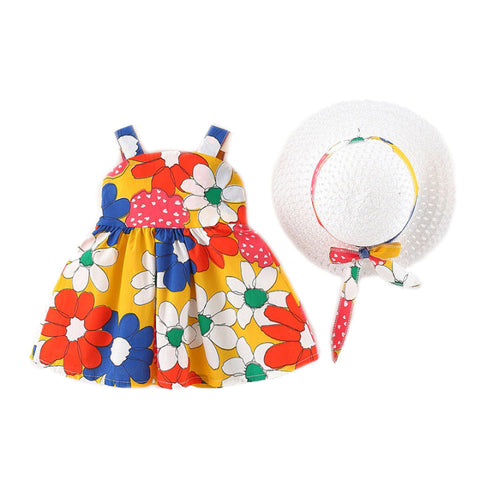 Sleeveless Floral Print Big Bow Dress Frock with Hat for Infant Toddler Baby Girls