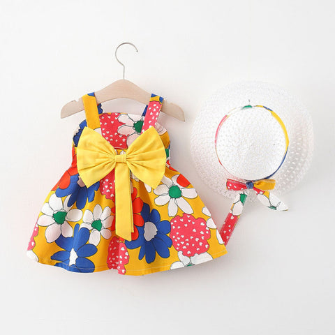 Sleeveless Floral Print Big Bow Dress Frock with Hat for Infant Toddler Baby Girls