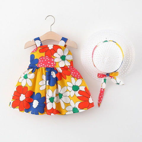 Sleeveless Floral Print Big Bow Dress Frock with Hat for Infant Toddler Baby Girls